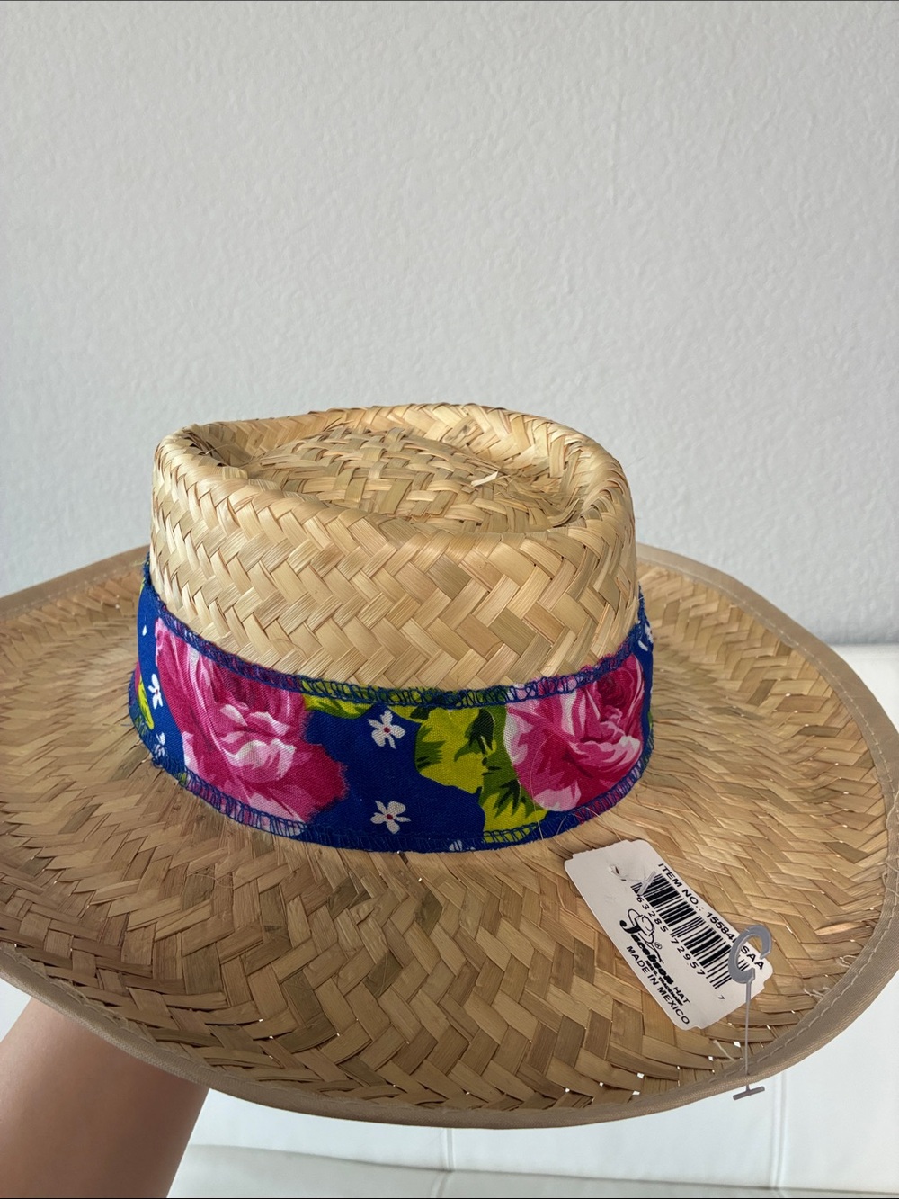 Vintage Style Straw Wide-Brim Hat with Blue Floral Band